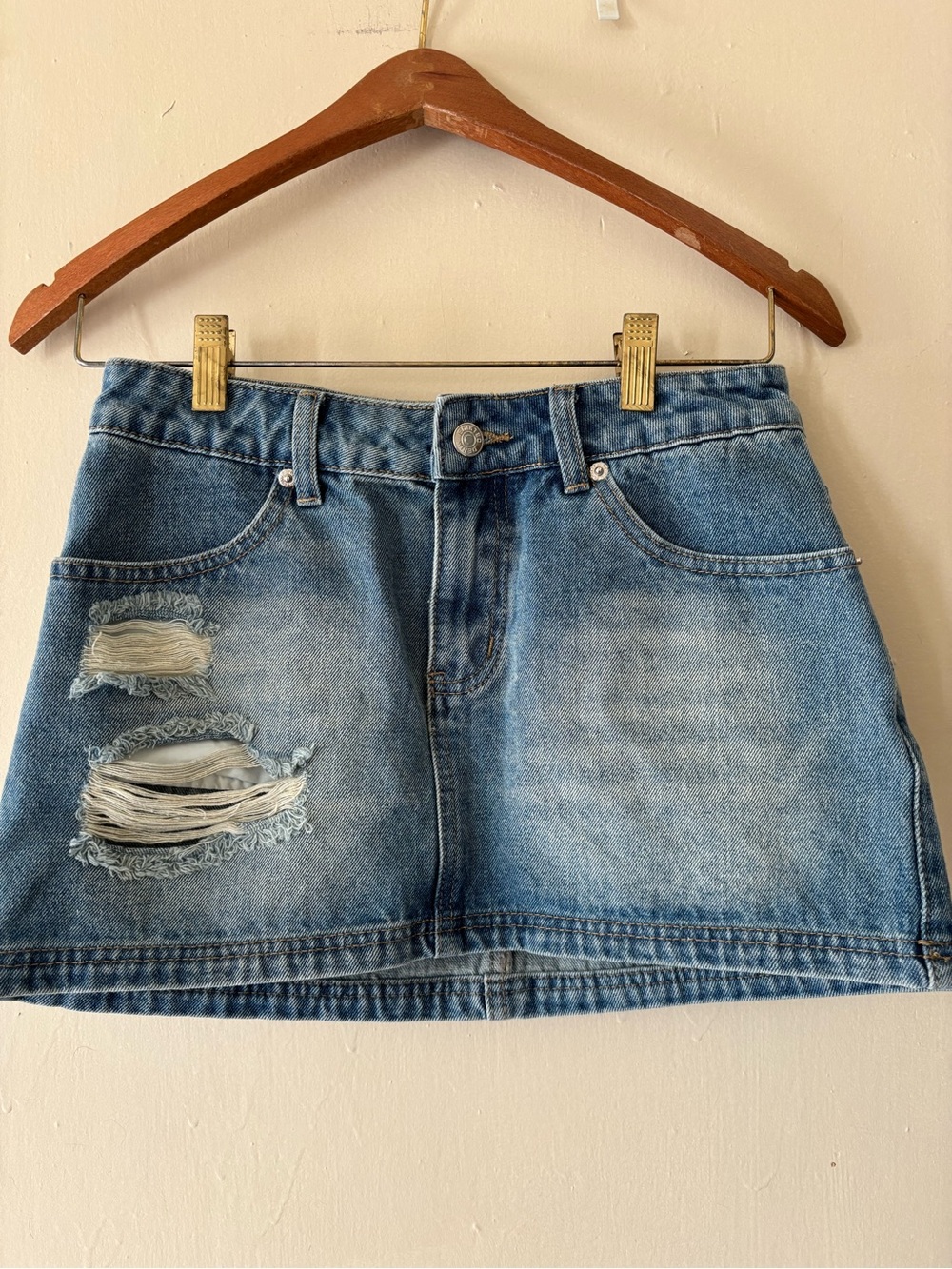 Edikted Light Blue Distressed Denim Mini Skirt